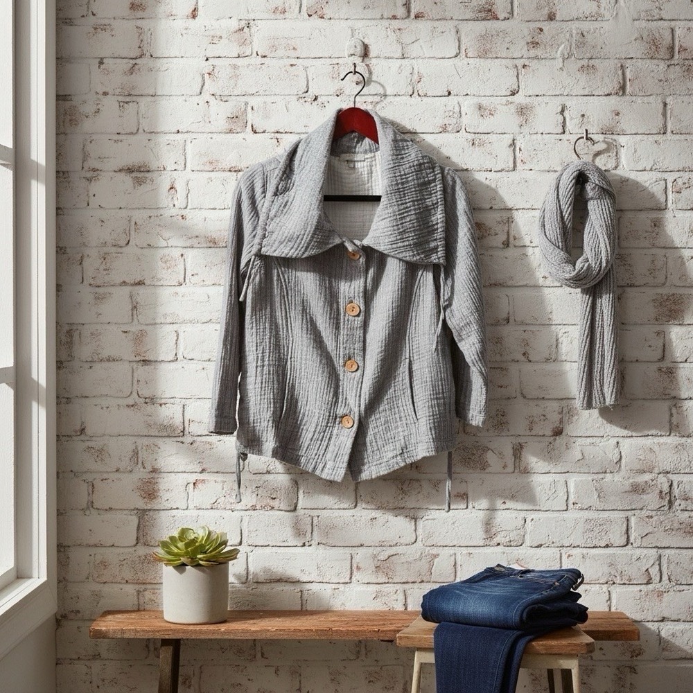 Habitat Women's Gray Cotton Gauze Jacket Textured Buttons Artsy Vibe Size Small